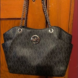 Michael Kors Black with silver hardware top zip tote bag